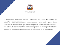 CÂMARA MUNICIPAL DE ARACRUZ COMUNICA O CANCELAMENTO DA 7º SESSÃO EXTRAORDINÁRIA